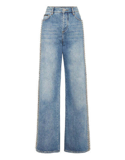 Denim Skater Fit Trousers Rib Strass