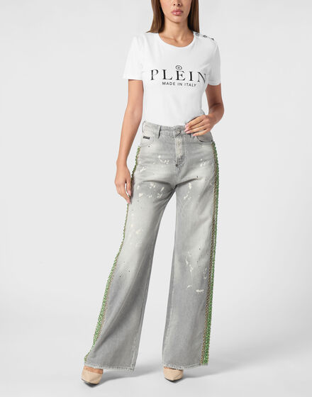 Denim Skater Fit Trousers Rib Strass
