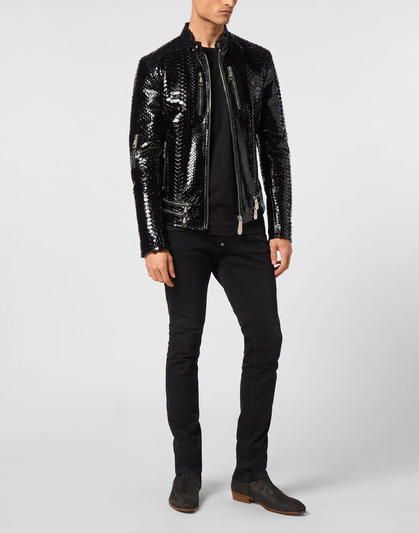 Python Zipped Leather Moto Jacket