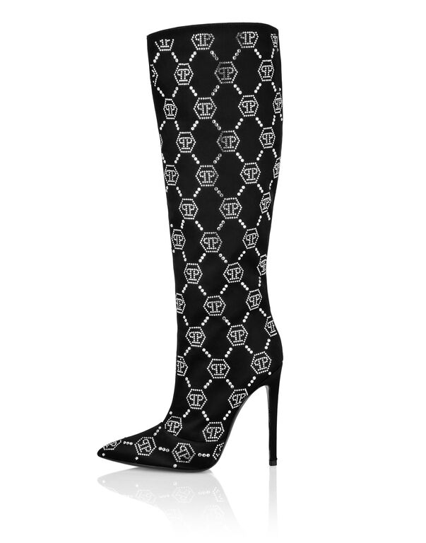 Satin Boots High Heels Mid Strass Monogram