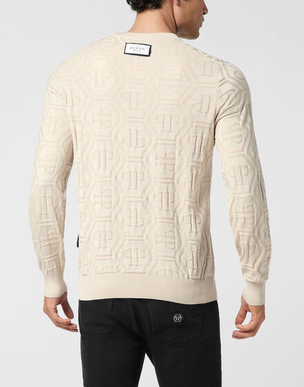 Jacquard Silk Wool Pullover Round Neck LS Monogram