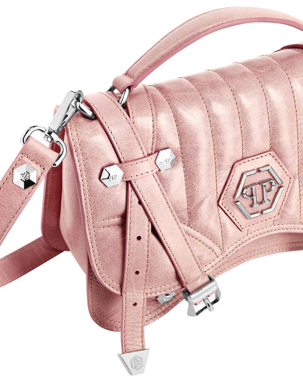 Shiny Crackle Leather Belt Handle Bag Medium Hexagon
